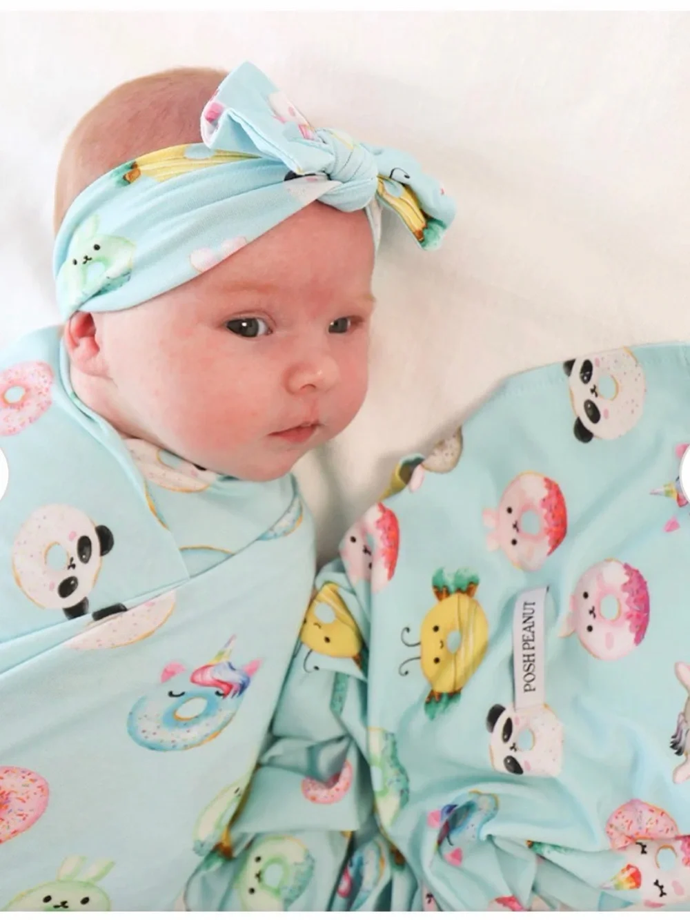 Posh Peanut Light Blue Donut & Animal Swaddle + Headwrap Set